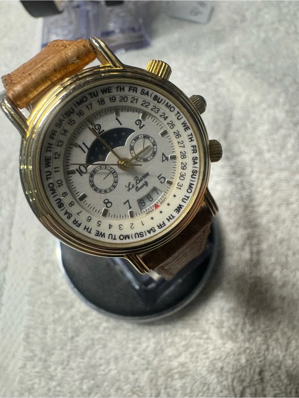 Women's Gold-Tone Moonphase Watch with Brown Leather Strap